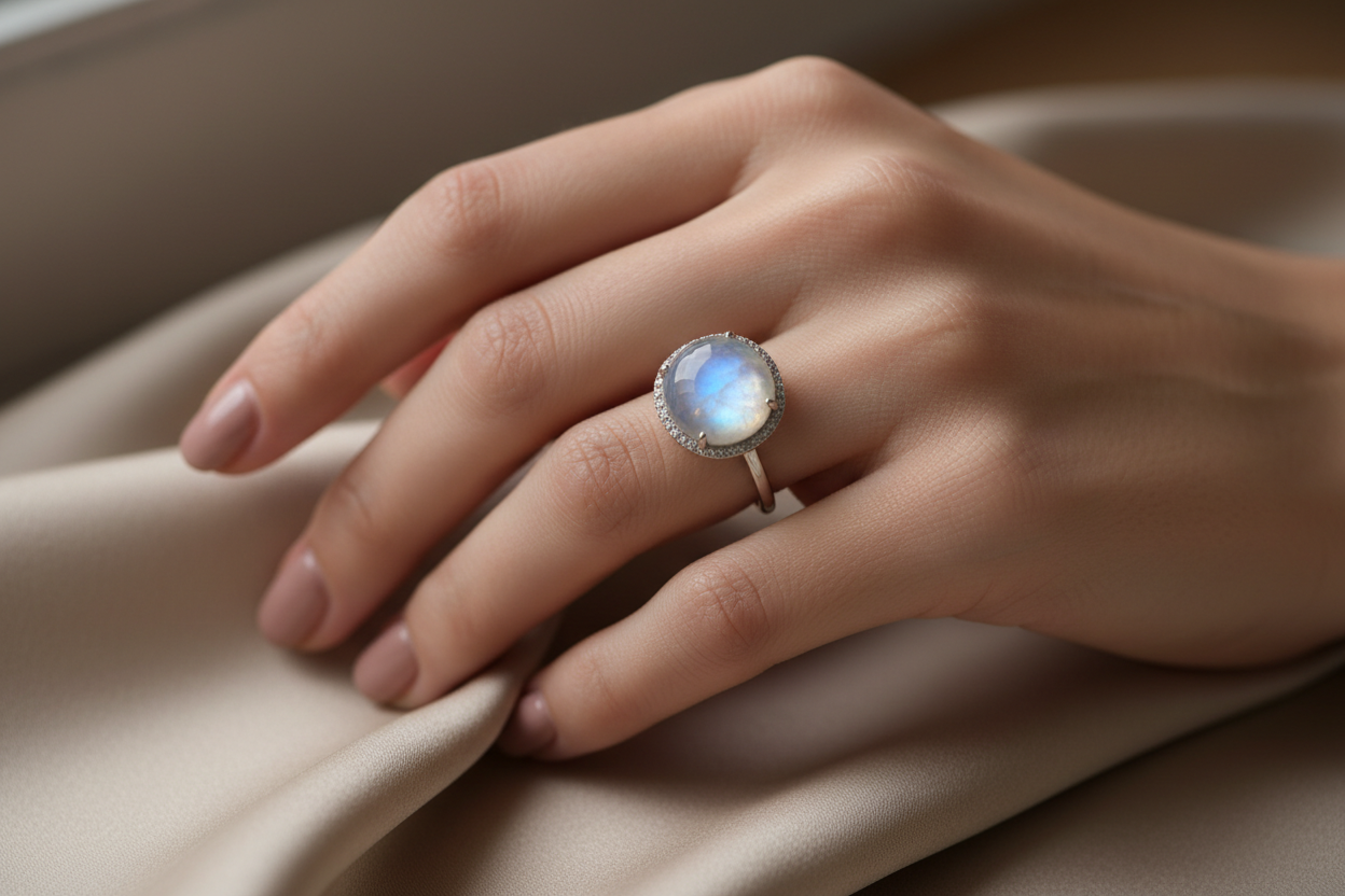 bague en pierre de lune portée au quotidien avec élégance et lumière naturelle