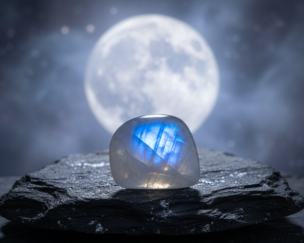 Pierre de lune naturelle aux reflets bleutés utilisée en lithothérapie pour ses bienfaits émotionnels et spirituels