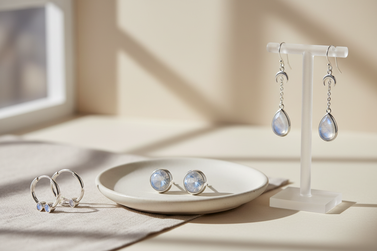 boucles d'oreilles pierre de lune reflets bleus