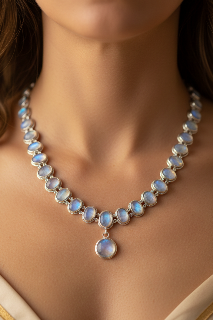 Le collier en pierre de lune sublime le décolleté et révèle une féminité douce, intuitive et naturelle au quotidien.