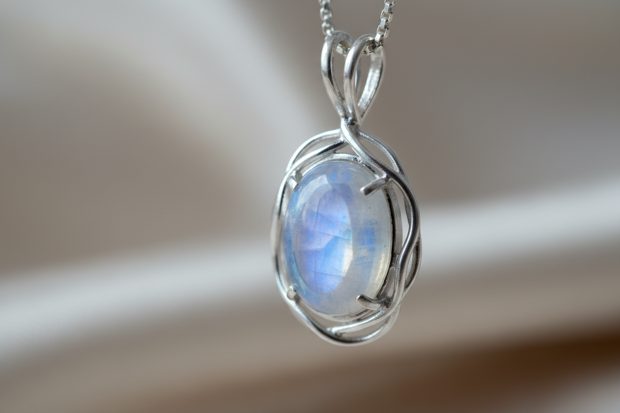 pendentif pierre de lune naturel avec reflet bleu monture argent élégante