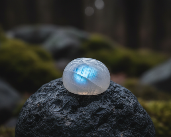 Pierre de lune naturelle aux reflets bleutés utilisée en lithothérapie pour ses vertus émotionnelles et intuitives