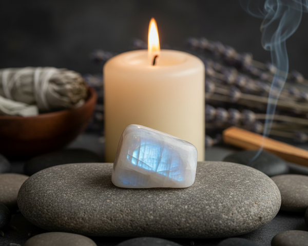 Pierre de lune naturelle aux reflets bleutés représentant les qualités énergétiques de la pierre en lithothérapie