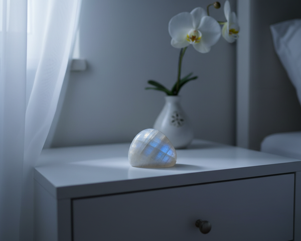 Pierre de Lune naturelle dans une ambiance nocturne apaisante