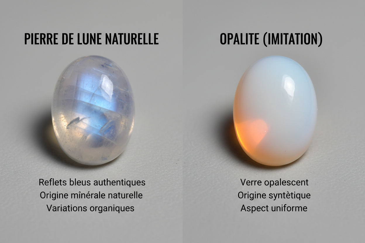 comparaison pierre de lune naturelle et imitation