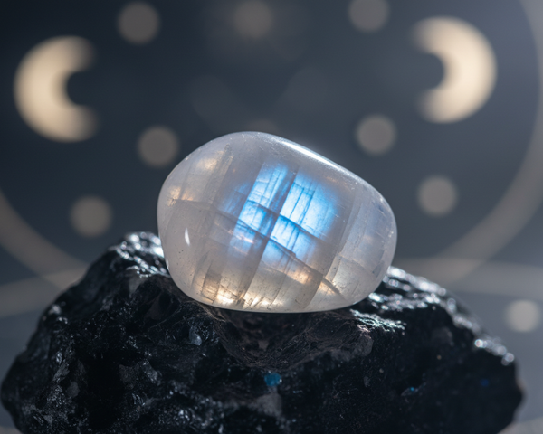 Pierre de lune naturelle aux reflets bleutés symbolisant les pouvoirs énergétiques de la lithothérapie