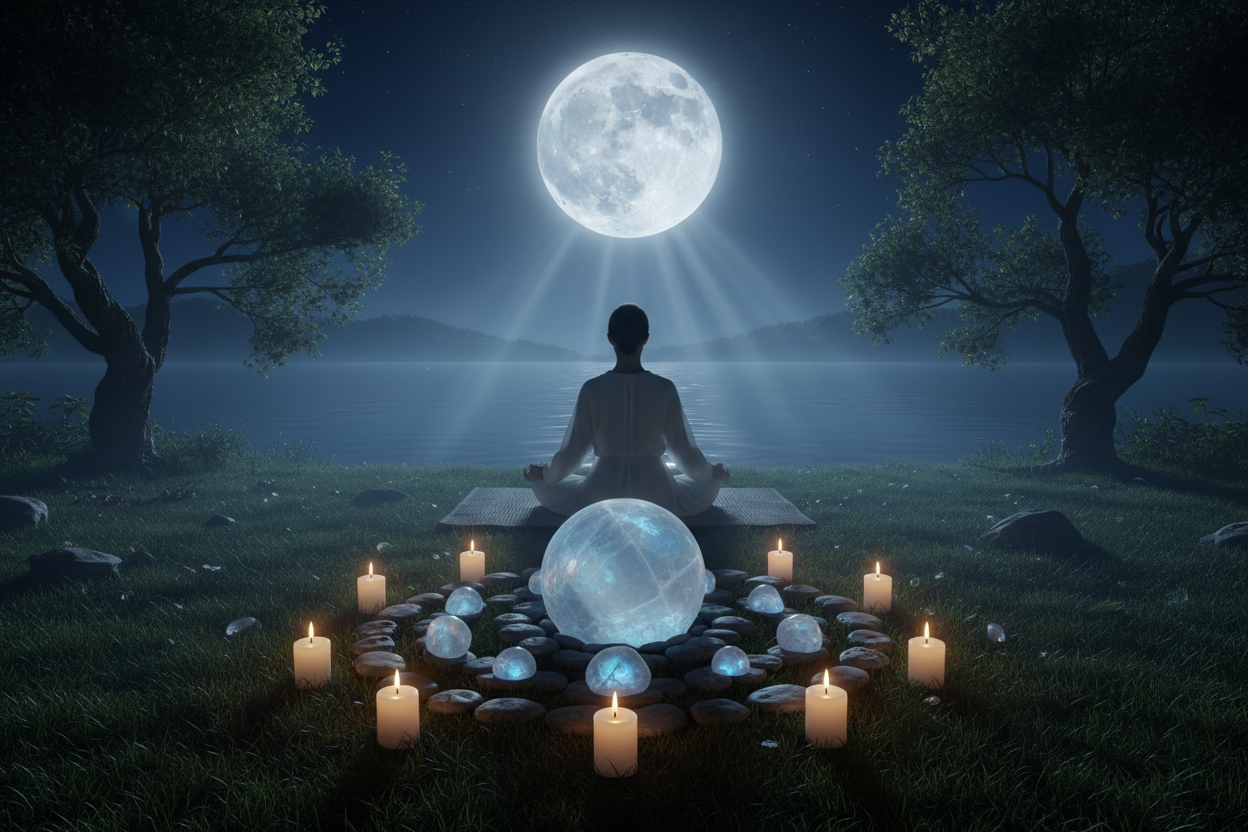 pierre de lune naturelle utilisée pendant une méditation en lithothérapie