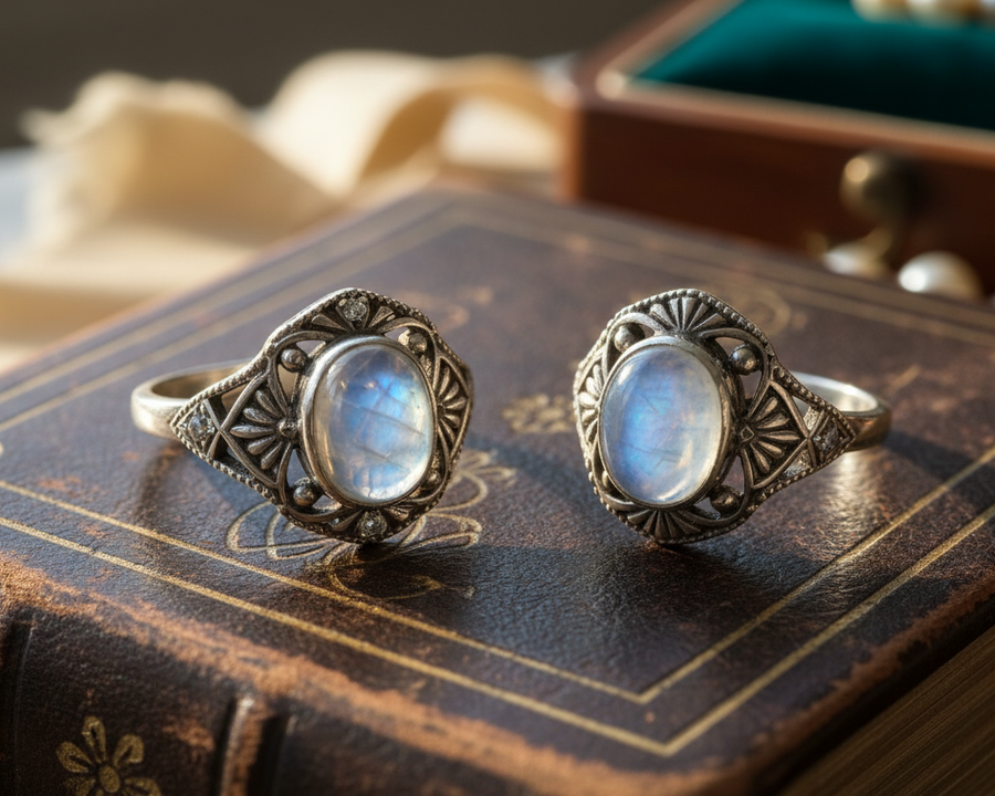 Collection bagues pierre de lune vintage argent 925 - style retro romantique - 123 Pierre de Lune