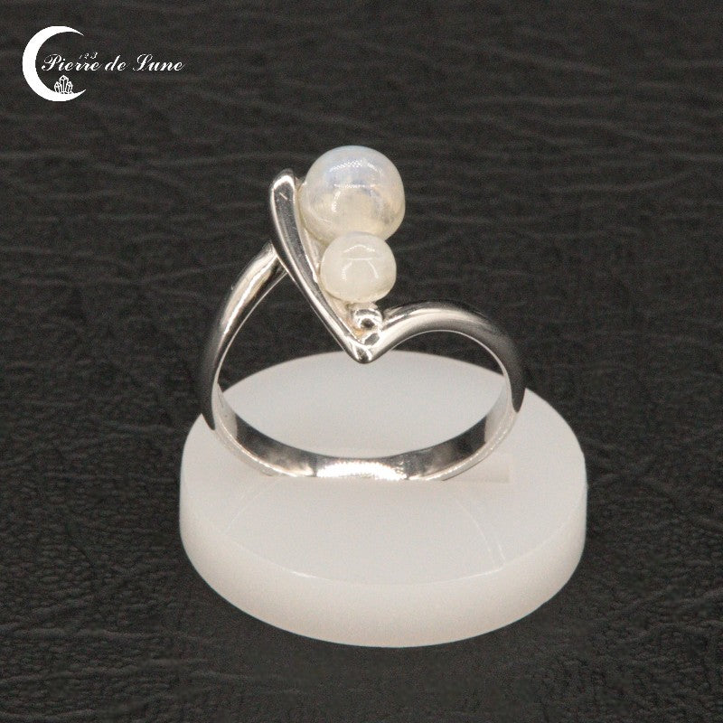 Bague femme (Cléodora) design épuré en argent 925 rhodié avec double pierre de lune.