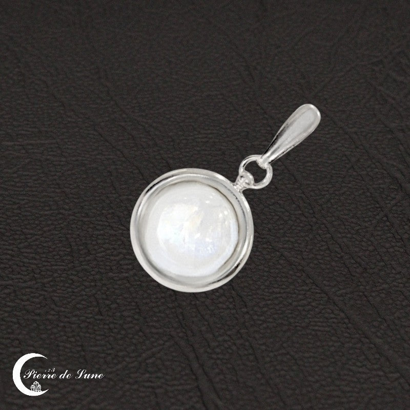 Pendentif (Rhodos) pierre de lune 12mm cabochon rond, argent 925 rhodié.