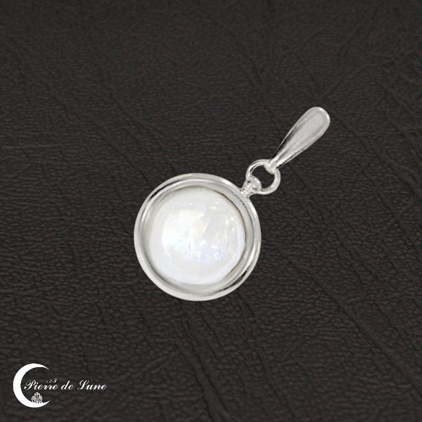 Pendentif (Rhodos) pierre de lune 12mm cabochon rond, argent 925 rhodié.
