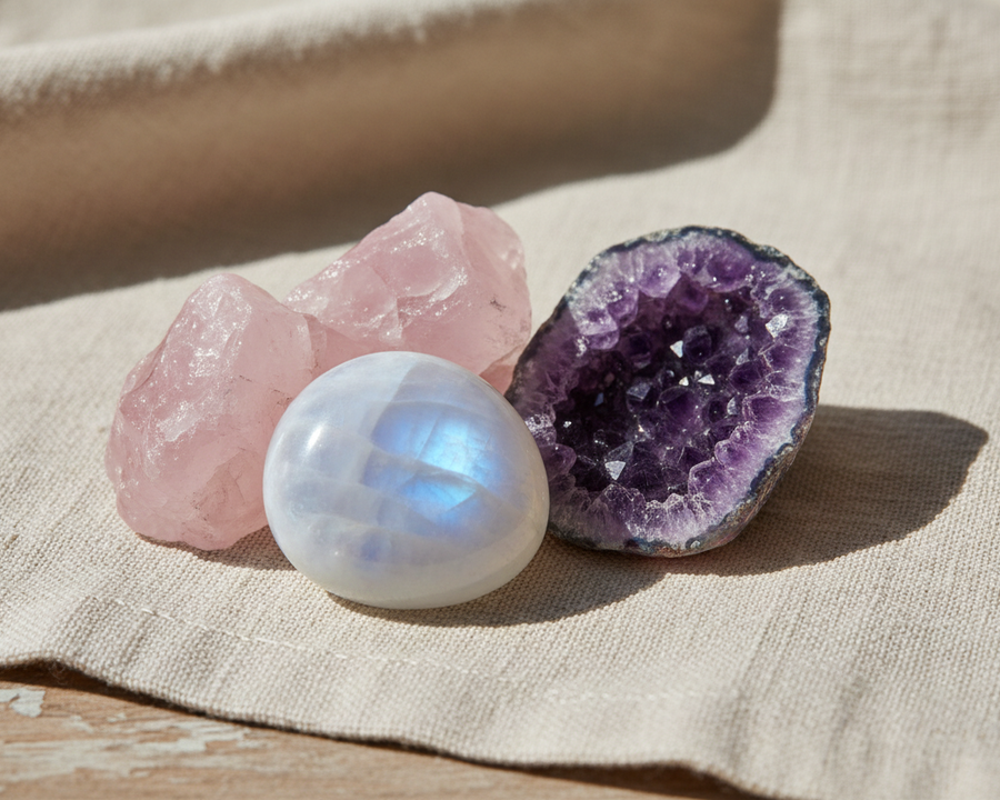 Pierre de lune associée à d’autres pierres naturelles comme quartz rose et améthyste