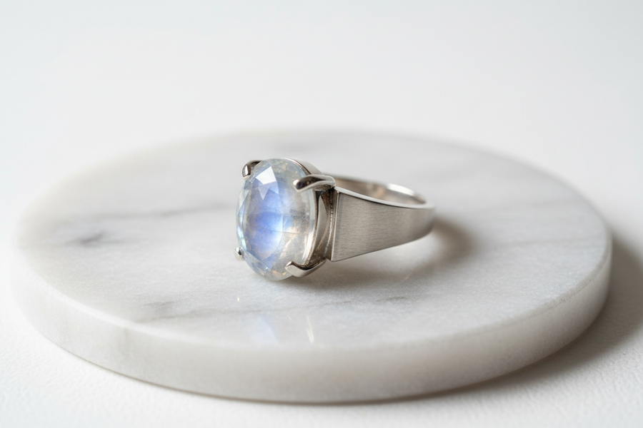bague pierre de lune bijou féminin avec reflet irisé naturel