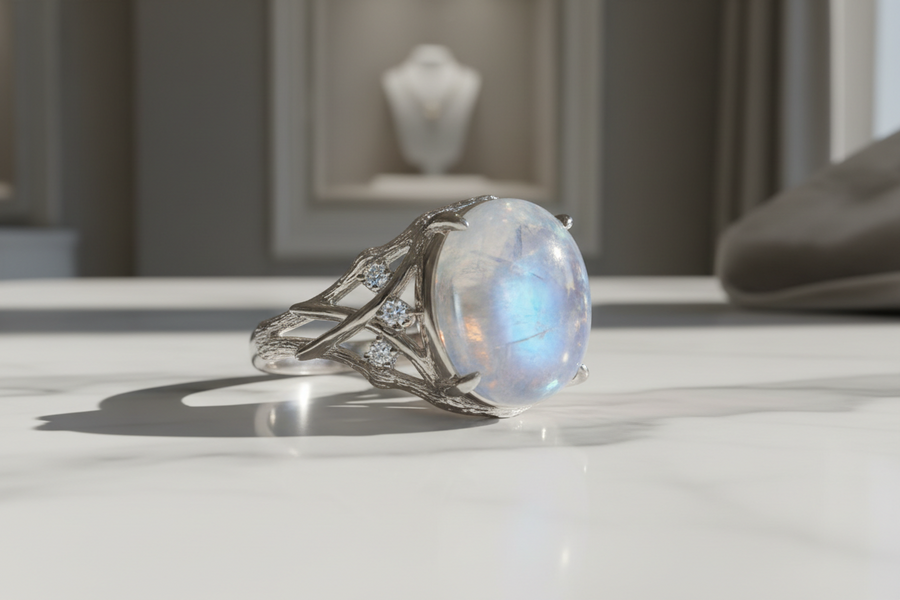 bague en pierre de lune avec inclusions naturelles visibles