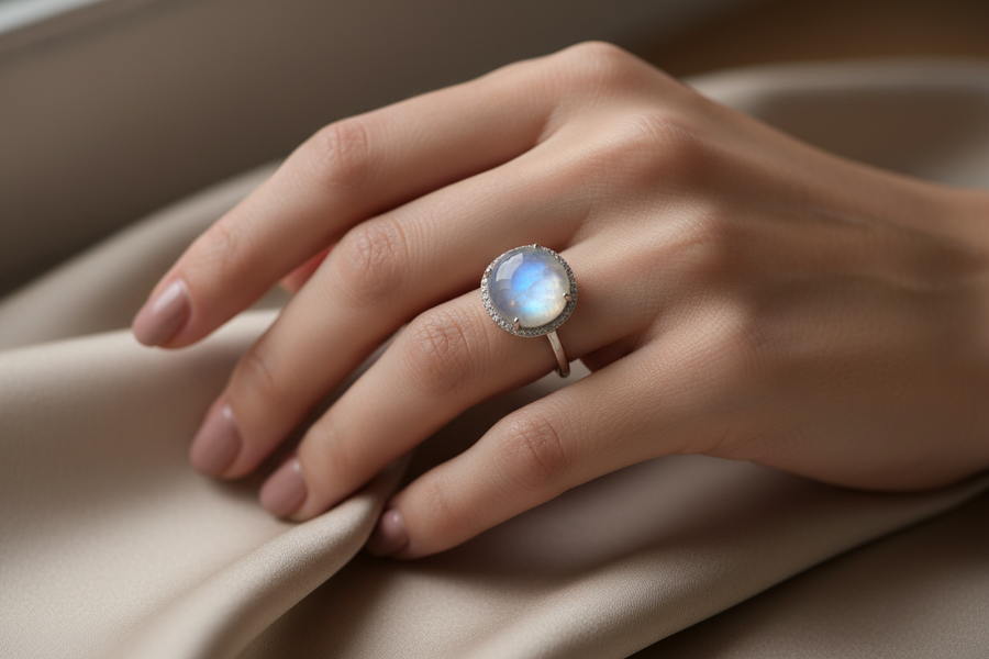 bague en pierre de lune portée au quotidien avec élégance et lumière naturelle