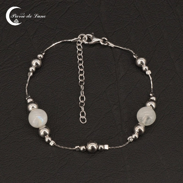 Bracelet femme (Sappho) ajustable en Pierre de Lune naturelle, modèle à deux perles 8mm.