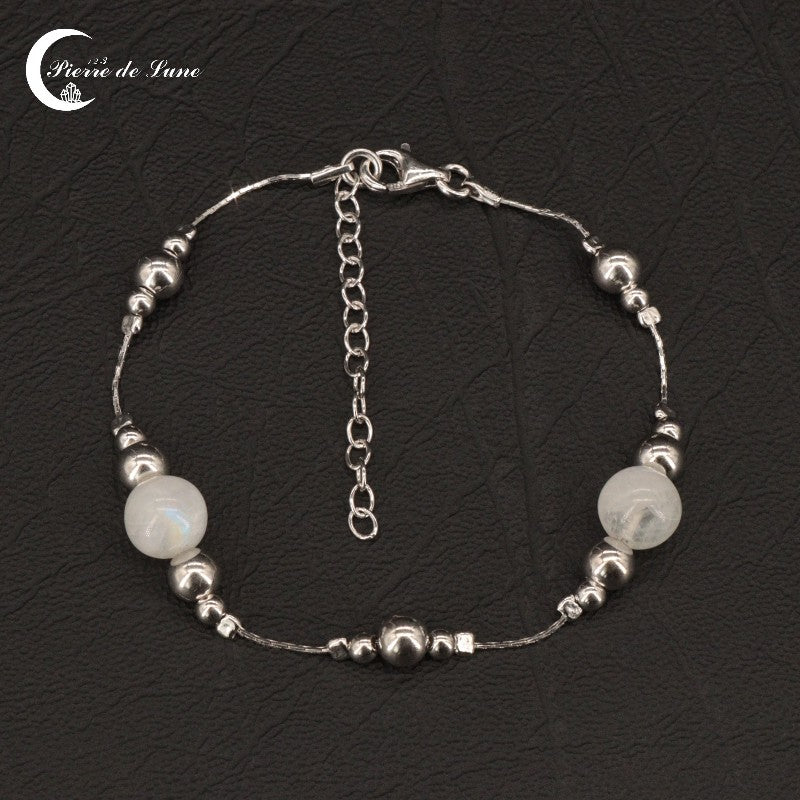 Bracelet femme (Sappho) ajustable en Pierre de Lune naturelle, modèle à deux perles 8mm.