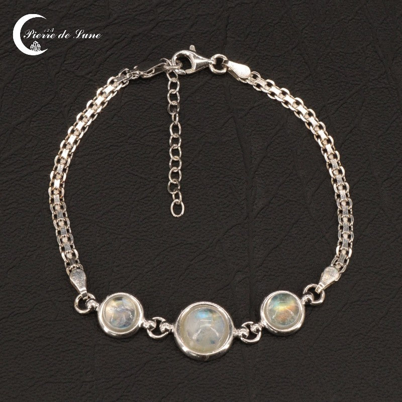 Bracelet femme (Kléio) ajustable en Pierre de Lune naturelle, modèle 3 cabochons polis.