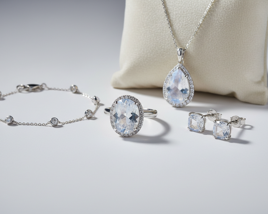 Collection élégante de bijoux en pierre de lune comprenant bague bracelet collier et boucles d’oreilles