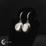 Boucles d'oreilles pierre de lune ovales argent émaillé (Lysandre)