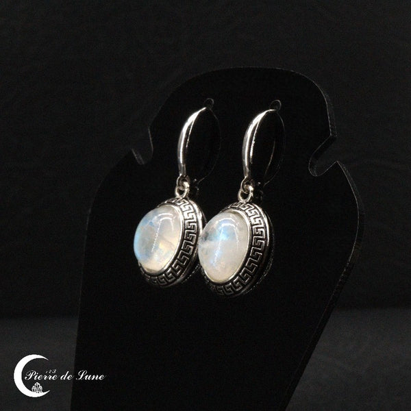 Boucles d'oreilles (Lysandre) avec pierre de lune authentique, monture argent émaillé