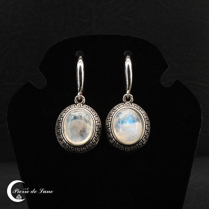 Paire de boucles d'oreilles (Lysandre) avec pierre de lune ovale 10x12mm et attache crochet