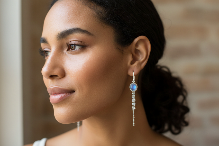 boucles d'oreilles pierre de lune lumière visage reflets bleus