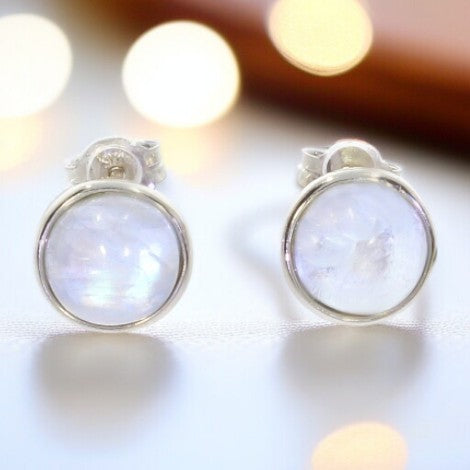 Puces d'oreilles pierre de lune rondes 8 mm argent 925 (Eclat)