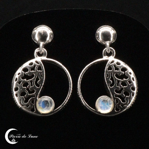 Boucles d'oreilles Pierre de Lune (Eclipse) en argent rhodié avec petites pierres rondes