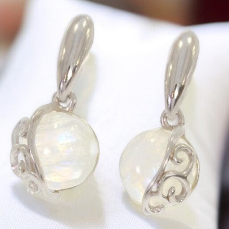 Boucles d'oreilles pierre de lune rondes 10 mm argent 925 (Harmonie)