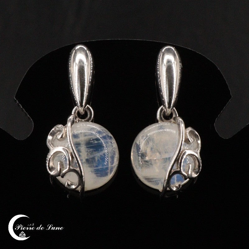 Paire de Boucles d'oreilles Pierre de Lune (Harmonie) avec pierres rondes de 10mm en argent.