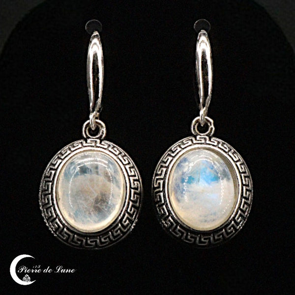 Boucles d'oreilles Pierre de Lune (Lysandre) ovales en argent délicatement émaillé