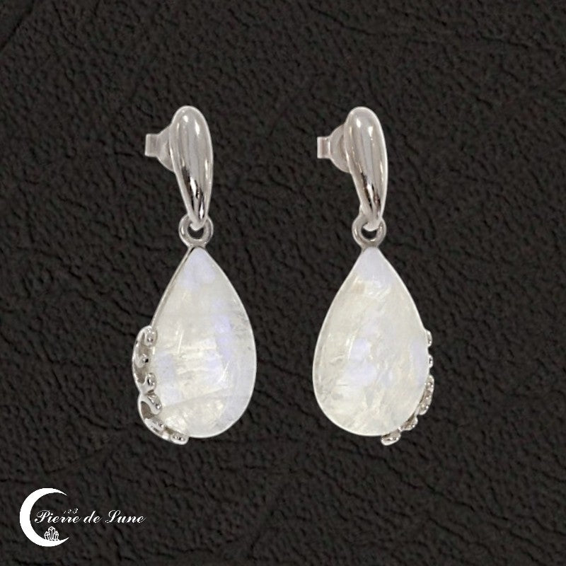 Cadeau somptueux : Boucles d'oreilles Pierre de Lune (Sérénité) en argent.