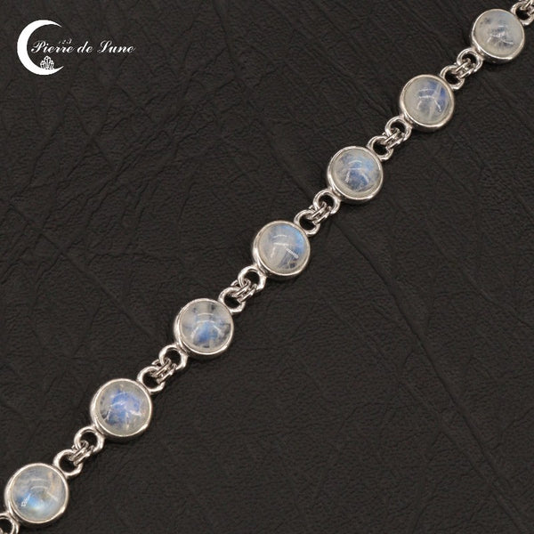 Elégant Bracelet (Amathie) hypoallergénique, 10 Pierres de Lune cabochon 7mm sur chaîne argent.