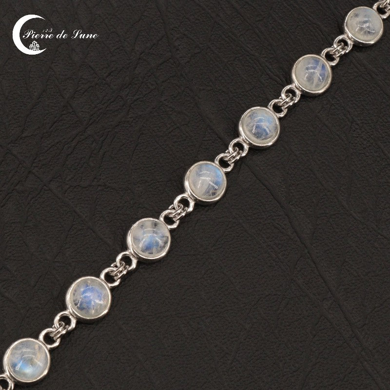 Elégant Bracelet (Amathie) hypoallergénique, 10 Pierres de Lune cabochon 7mm sur chaîne argent.