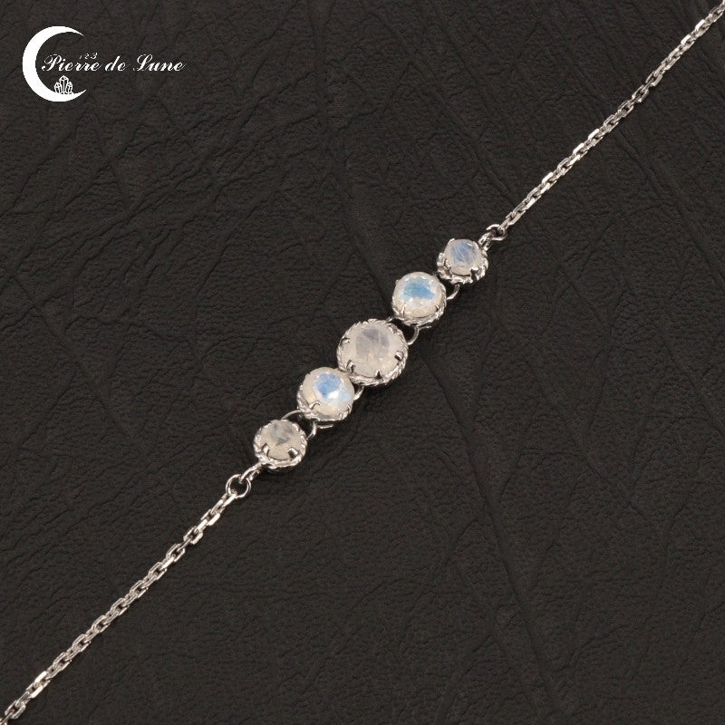 Elégant Bracelet (Lectra) hypoallergénique, 5 Pierres de Lune graduées cabochon facetté.