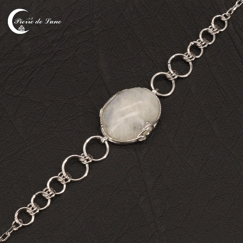 Elégant Bracelet (Séléné) hypoallergénique, pierre de lune ovale unique 15x20mm.