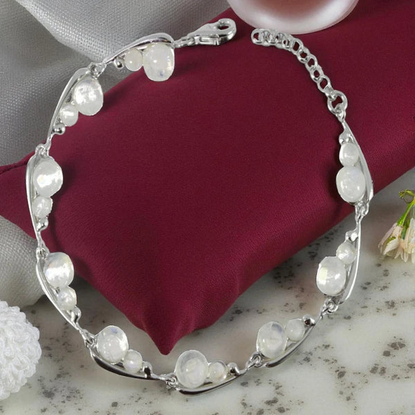 Bracelet perles 8 mm en pierre de lune, bijou femme, éclat bleuté