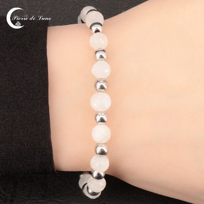Bracelet pierre de lune 15 perles facettées argent 925 (Céleste)