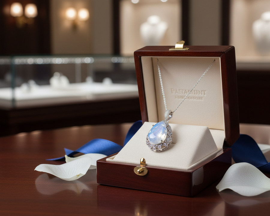 Bijou en pierre de lune présenté dans un écrin élégant pour un cadeau