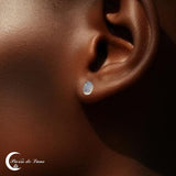 Zoom sur une Boucle d'oreille Pierre de Lune (Fantaisie) et l'éclat de sa pierre de lune 8x12mm.