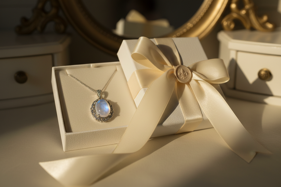 Commande bijou en pierre de lune – emballage cadeau élégant prêt à offrir expédié depuis la France