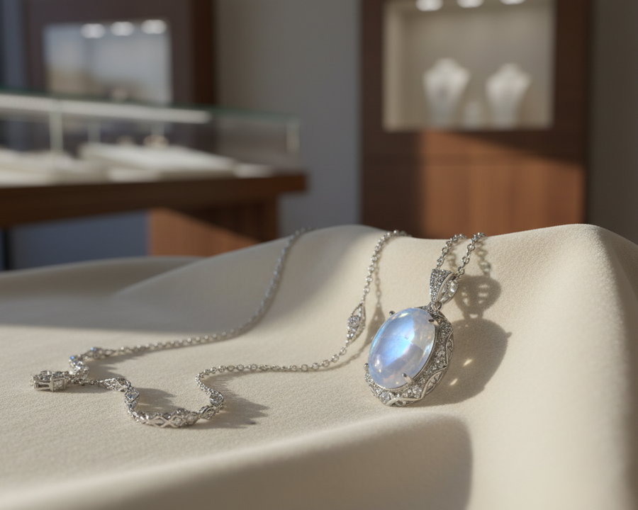 Bijou en pierre de lune nettoyé délicatement sur un chiffon doux