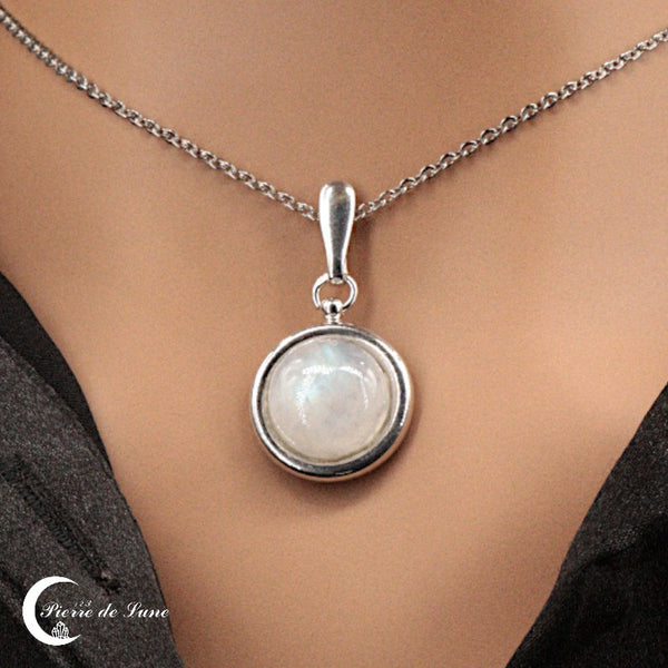 Pendentif Pierre de Lune Ronde rhodié (Rhodos) en argent 925, pierre 12mm