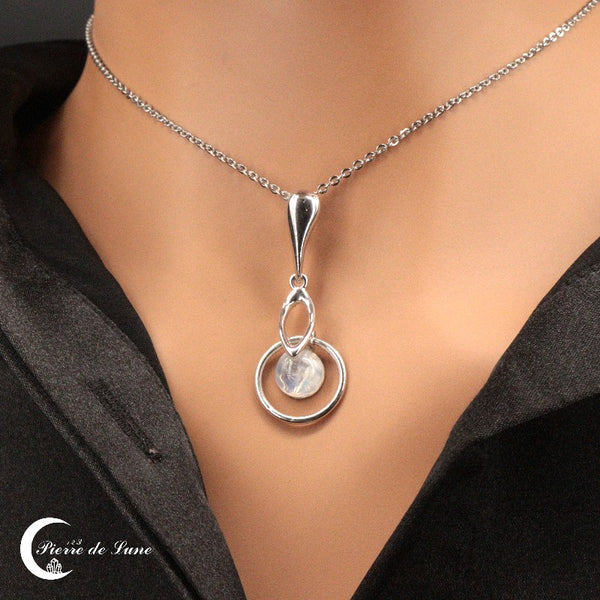 Pendentif Pierre de Lune (Léto) en argent 925 rhodié avec pierre naturelle