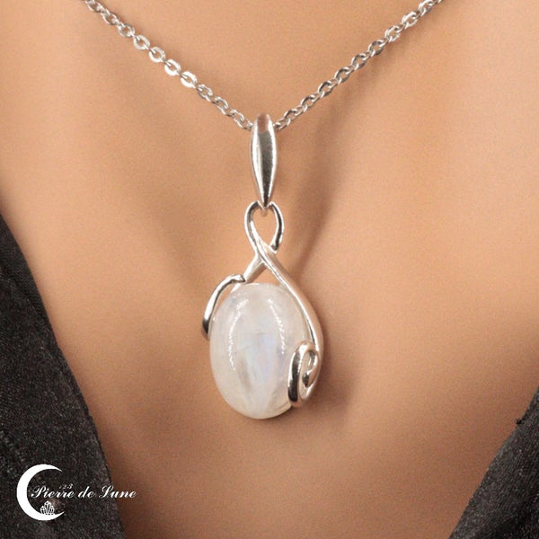 Pendentif Pierre de Lune (Lunaris) avec grande pierre ovale 10x14mm sur monture argent rhodié.