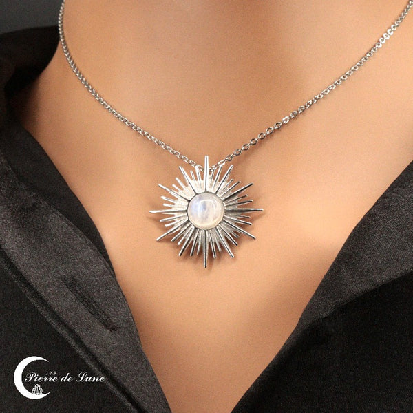 Pendentif Pierre de Lune (Solarius) en argent 925 rhodié