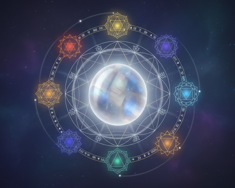 Pierre de lune associée aux chakras et aux correspondances astrologiques