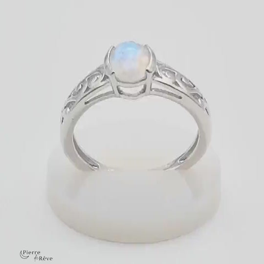 bague pour femme en pierre de lune naturelle véritable en argent rhodié