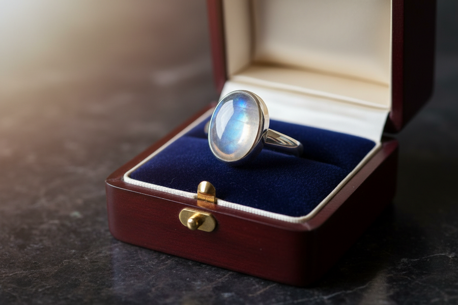 Bijou en pierre de lune rangé dans son écrin de protection – conseils de conservation et durabilité